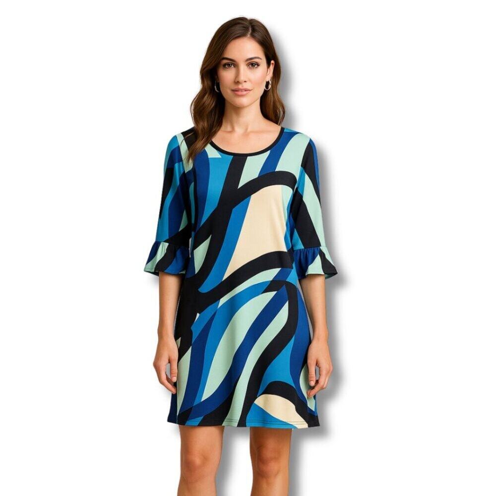 Tori Richard NWT Retro Bell Sleeve Dress L Mod Geometric Comfy Bold Blue Stretch